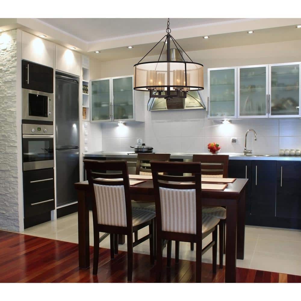 Oil Rubbed Bronze Drum Chandelier with Mercury Glass and Beige Fabric Shade