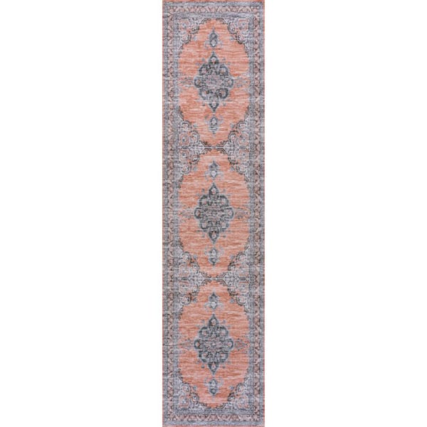 Orange/Gray 2 ft. x 8 ft. Wincer Chenille Cottage Medallion Machine-Washable Runner Rug
