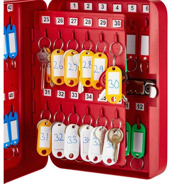 AdirOffice - 48-Key Steel Heavy-Duty Safe Lock Box Key Cabinet with Combination Lock, Red with 148-Key Tags