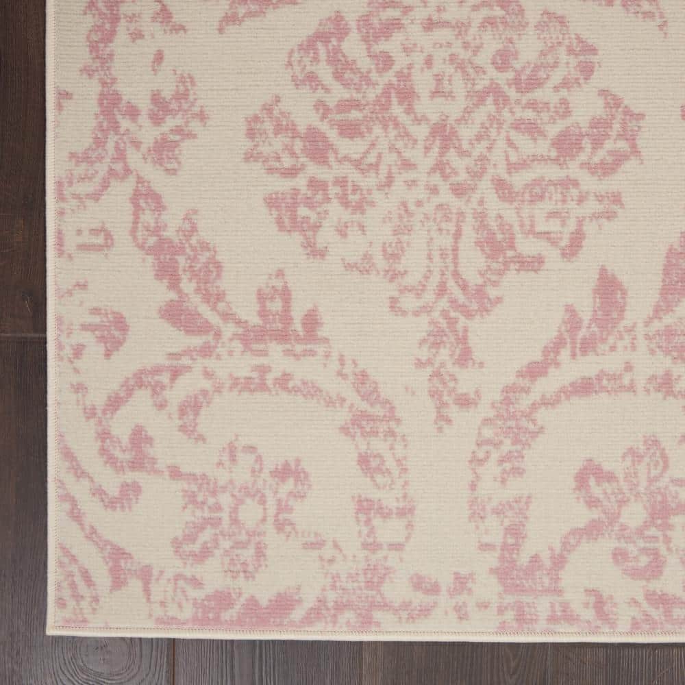 Ivory and Pink Vintage Damask Area Rug