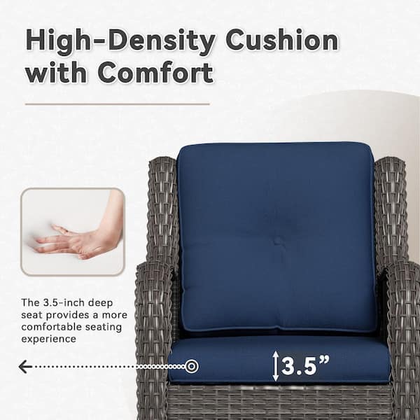 6-Piece Wicker Outdoor Sectional Set with Ottomans, Swivel Rocking Chair and Blue Cushions