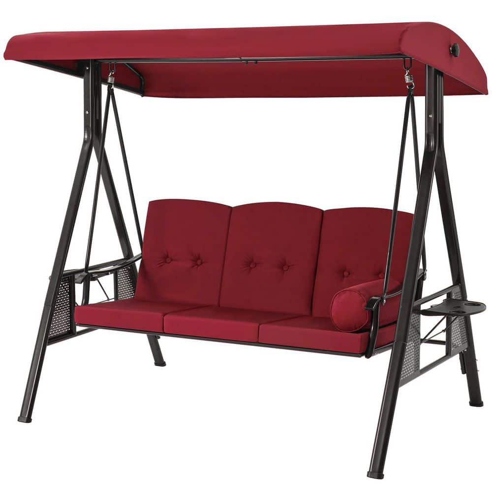 3-Person Metal Patio Swing with Red Cushion and Canopy Top, Cup Holder, UV Resistant, Waterproof price history on PriceWatchPro