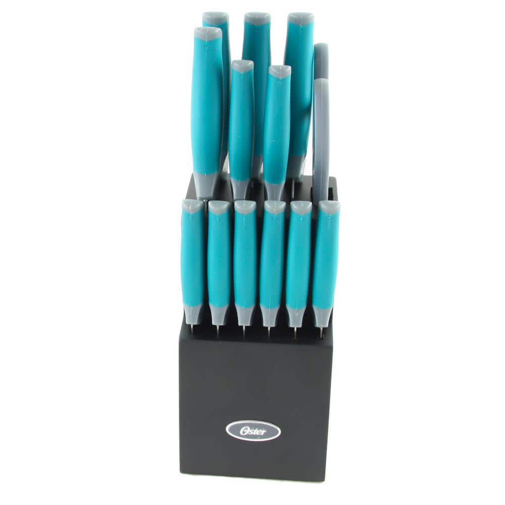 Oster 81007.14 Lindbergh 14 Piece Stainless Steel Cutlery Set Black Block,  Teal Handles 