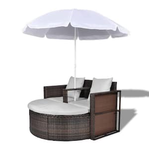 Brown Rattan Wicker Outdoor Day Bed Patio Sunbed Conversation Set with White Cushions and Parasol