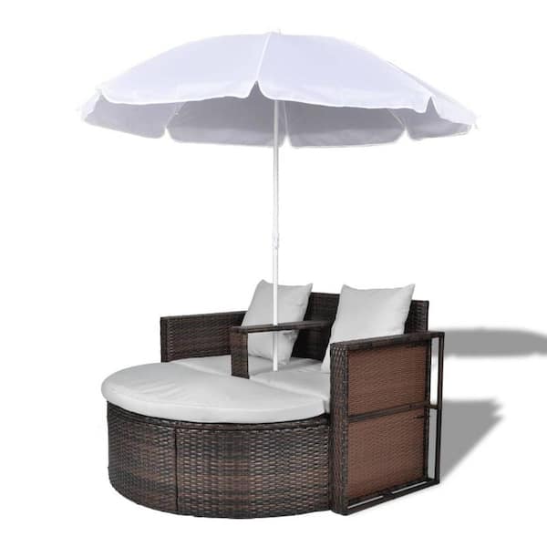 Afoxsos Brown Rattan Wicker Outdoor Day Bed Patio Sunbed Conversation Set with White Cushions and Parasol