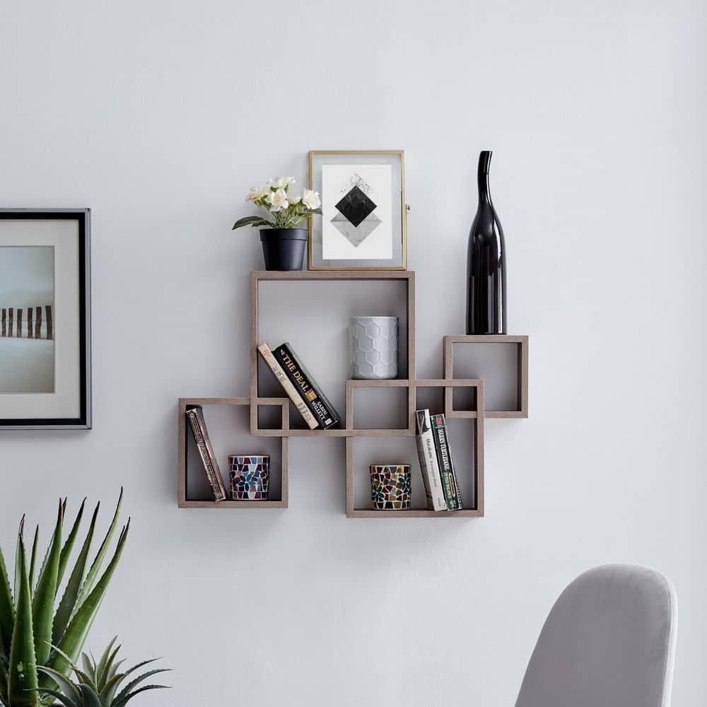 Weathered Oak 14" Intersecting Cube Floating Wall Shelf