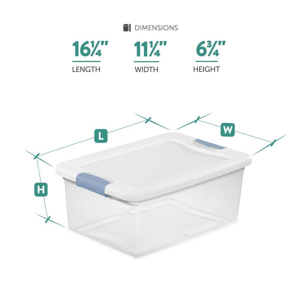 Clear Plastic Stackable Storage Box with White Lid and Blue Latches
