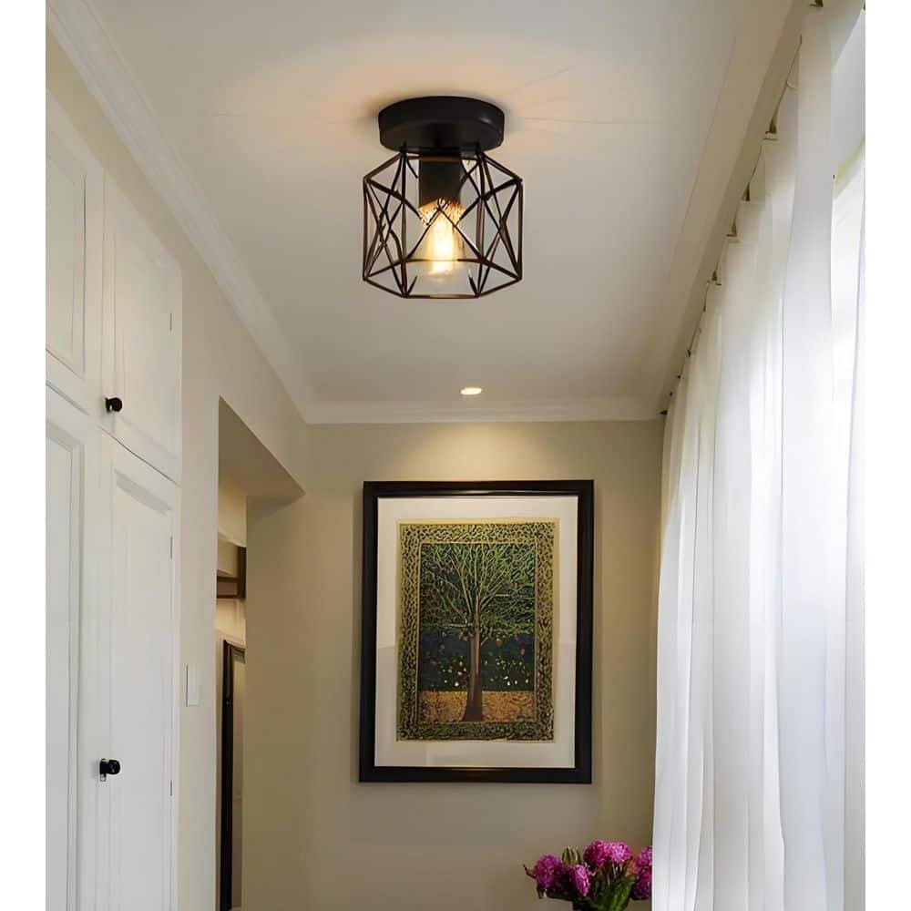6 in. 1-Light Black Industrial Semi-Flush Mount Ceiling Light with Metal Cage Shade for Porch Hallway price history on PriceWatchPro