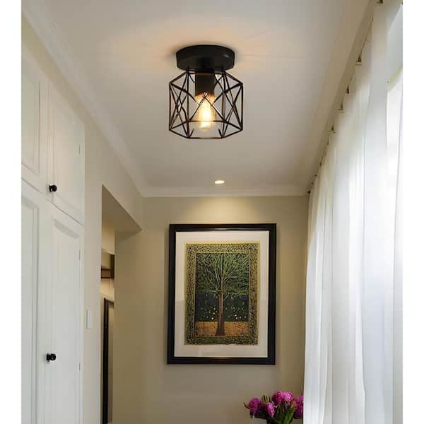 6 in. 1-Light Black Industrial Semi-Flush Mount Ceiling Light with Metal Cage Shade for Porch Hallway