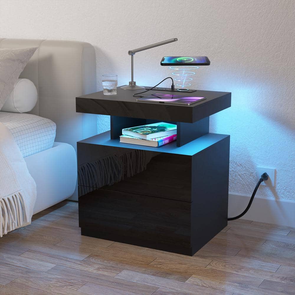 Modern Black 2-Drawer Nightstand with Wireless Charging and LED Light