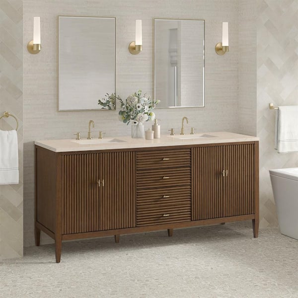 James Martin Vanities Myrrin 72.0 in. W x 23.5 in. D x 34.06 in. H Double Bathroom Vanity in Mid-Century Walnut with Eternal Marfil Quartz Top
