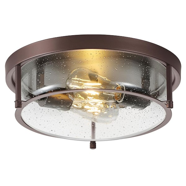 aiwen 13 in. 2-Light Industrial Bronze Flush Mount Farmhouse Close to Ceiling Light Fixtures with Seeded Glass Shade