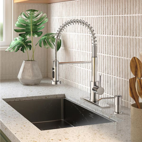 androme Single-Handle Pull Down Sprayer Kitchen Faucet Coil Spring Gooseneck with Soap Dispenser Stainless Steel in Chrome