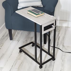 20 in. W Gray / Black 25 in. H C-Shape MDF / Steel End Table with Outlets and Wheels
