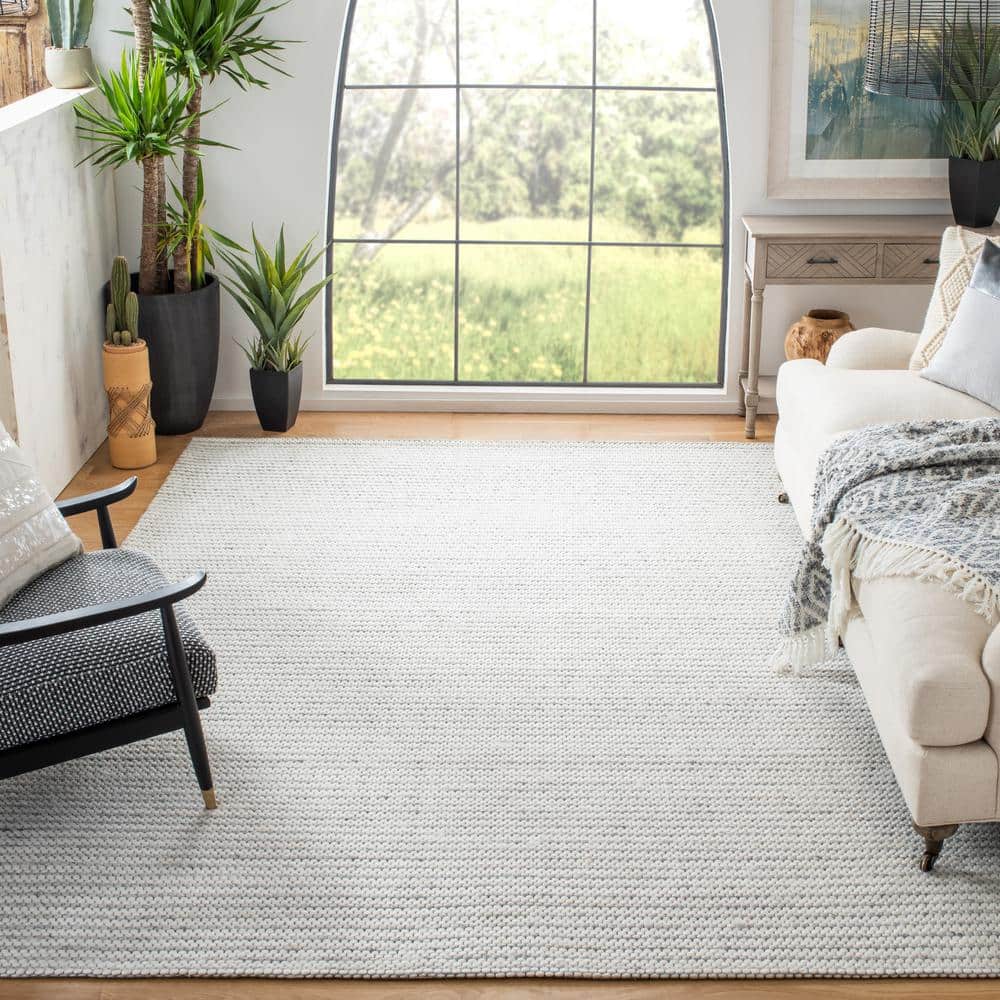 Handmade Light Grey and Ivory Wool Striped 10' x 14' Area Rug