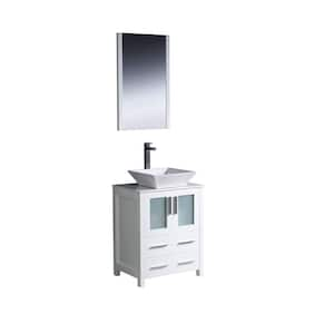 Torino 24 in. Vanity in White with Glass Stone Vanity Top in White with White Basin and Mirror (Faucet Not Included)