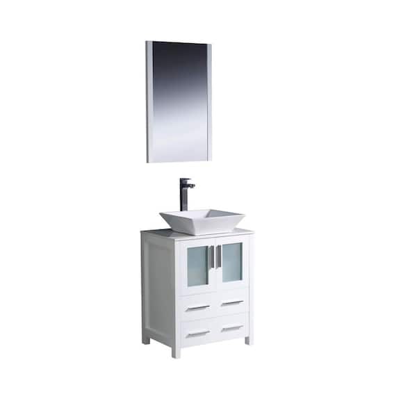Fresca Torino 24 in. Vanity in White with Glass Stone Vanity Top in White with White Basin and Mirror (Faucet Not Included)