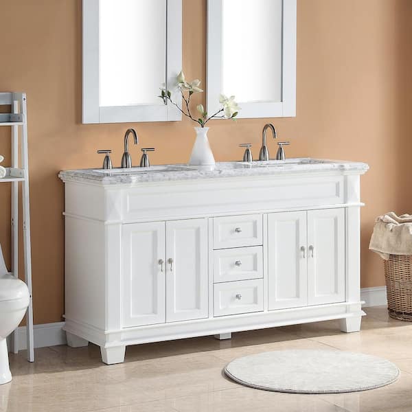 Dorian 60 in. W x 22 in. D x 35.63 in. H Double Sink Freestanding Bath Vanity in Matte White with Carrara Marble Top