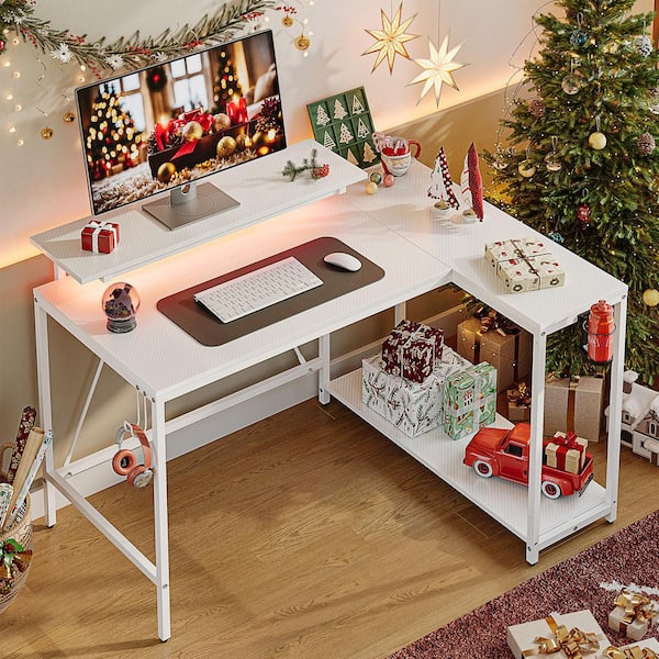 42 in. L-Shaped White Carbon Fiber Reversible Gaming Desk LED Computer Desk with Storage Monitor Stand and Headset Hooks