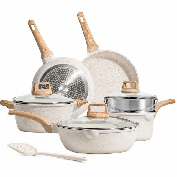 10-Piece Aluminum Granite Nonstick Cookware Set with Lid in White, Pots and Pans Set Nonstick Sets, Natural Elements