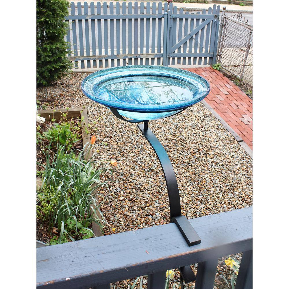 Teal Crackle Glass Birdbath with Black Rail Mount Bracket