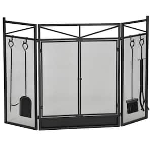Black 3-Panel Folding Fireplace Screen with 2 Magnetic Doors and Fire Place Tools Set