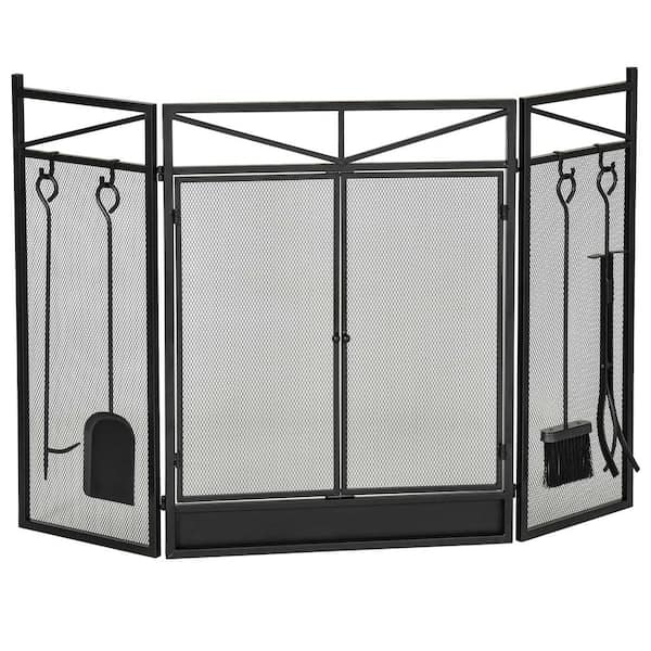 Sudzendf Black 3-Panel Folding Fireplace Screen with 2 Magnetic Doors and Fire Place Tools Set
