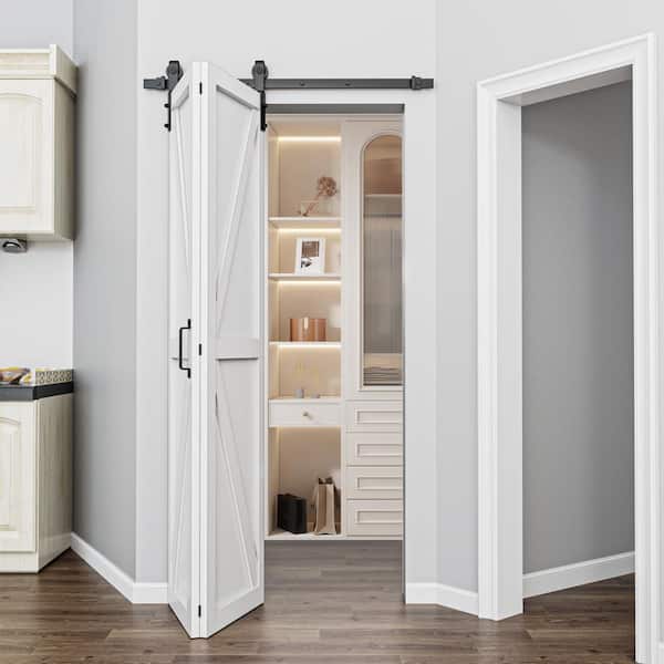 40 in. x 84 in. Paneled White Finished MDF British K Shape Composite Bifold Sliding Barn Door with Hardware Kit