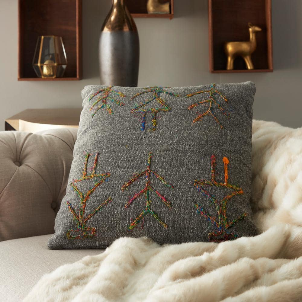 Charcoal Embroidered Figures Square Throw Pillow 18"