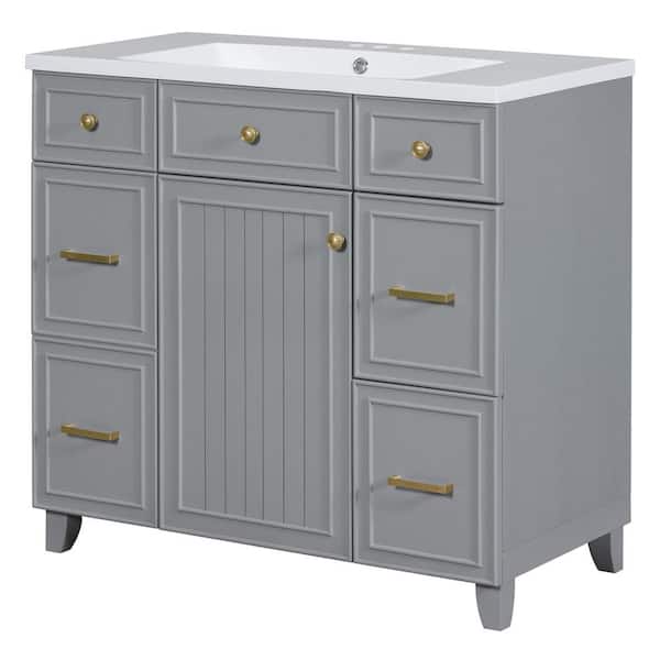 36 in. W x 18 in. D x 34 in. H Single Sink Freestanding Bath Vanity in Gray with White Resin Top, Soft Close