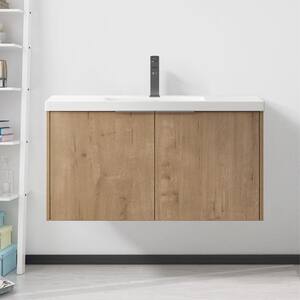 FINE 35.4 in. W x 18.1 in. D x 19.8 in. H Single Sink Wall Mount Bath Vanity in Light Oak with White Acrylic Top Sink