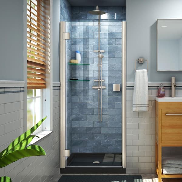 DreamLine Lumen 42 in. x 72 in. Semi-Frameless Hinged Shower Door in Brushed Nickel Finish with 42 in. x 42 in. Base in Black