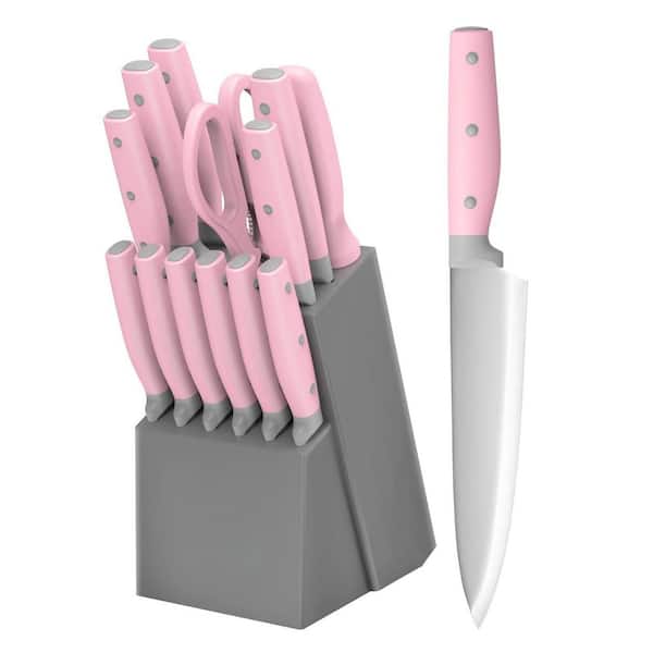 14-Piece Stainless Steel Knife Set with Wooden Block, Sharpener Steel and Scissors, Kitchen Knife Block Set, Pink