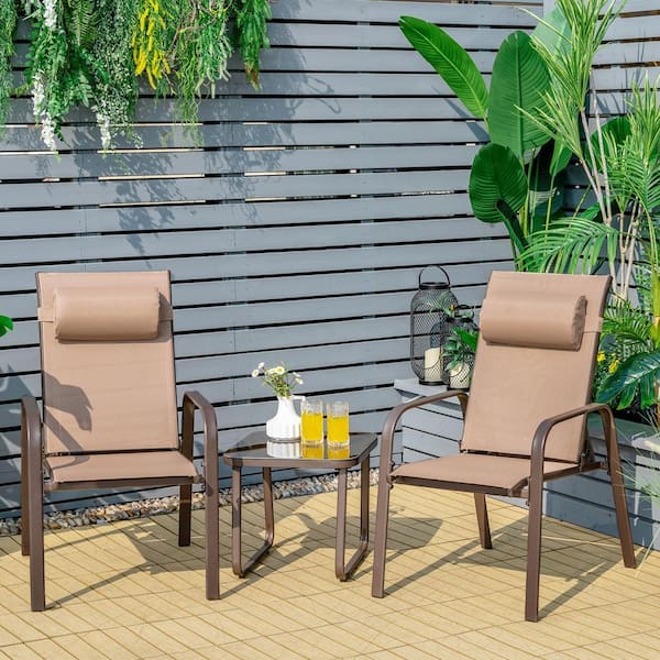 3-Piece Stackable Metal Outdoor Bistro Conversation Set with Coffee Table and Adjustable Backrest, Brown