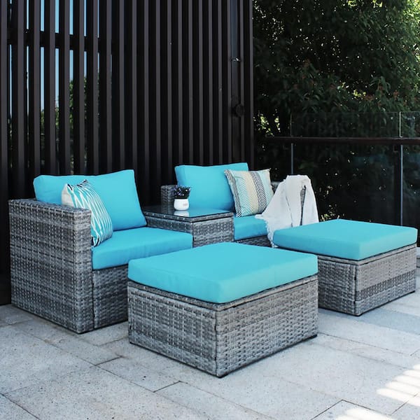 Unbranded 5-Pieces Outdoor Wicker Sectional Sofa Set with extra Blue Cushion covers
