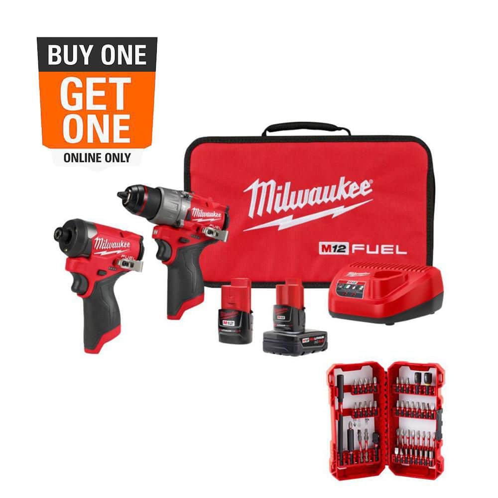 Milwaukee M12 FUEL 12-Volt Lithium-Ion Brushless Cordless Hammer Drill & Impact Driver Combo Kit (2-Tool) with Bit Set (45-Piece) 3497-22-48-32-4023