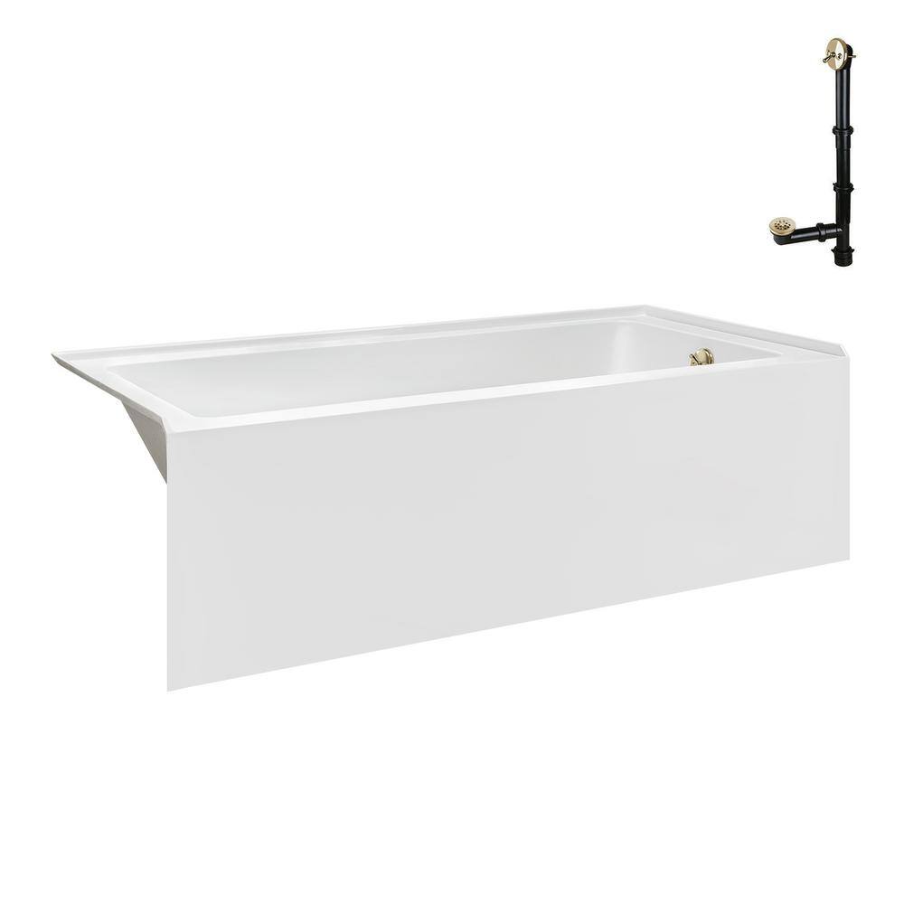 60-Inch Glossy White Acrylic Alcove Bathtub with Polished Brass Drain