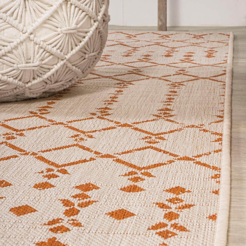 Cream and Orange Geometric Flatweave Indoor/Outdoor Rug
