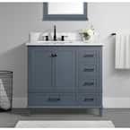 Merryfield 37 in. Single Sink Freestanding Dark Blue-Grey Bath Vanity with White Carrara Marble Top (Assembled)