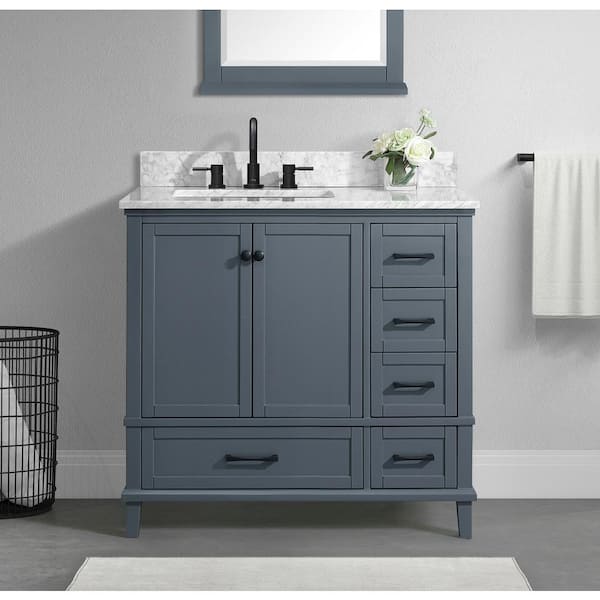 Home Decorators Collection Merryfield 37 in. Single Sink Freestanding Dark Blue-Grey Bath Vanity with White Carrara Marble Top (Assembled)