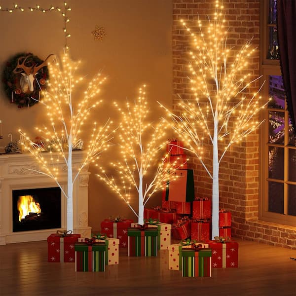 6/5/4 ft. Indoor/Outdoor Pre-Lit Artificial Christmas Tree Birch Tree with LED Lights (1 Set Contains 3 Sizes)