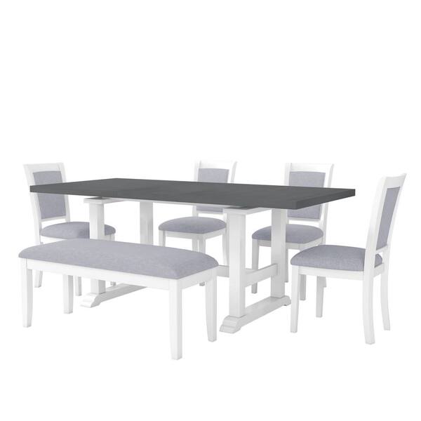 Polibi 7-Piece White/gray Extendable Wood Top Dining Room Set