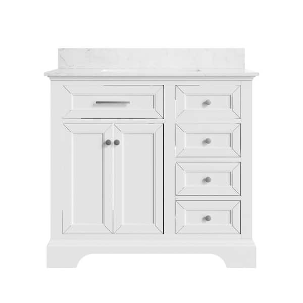 36 in. Single Sink Freestanding White Wood Bath Vanity with White Engineered Marble Top (Assembled)