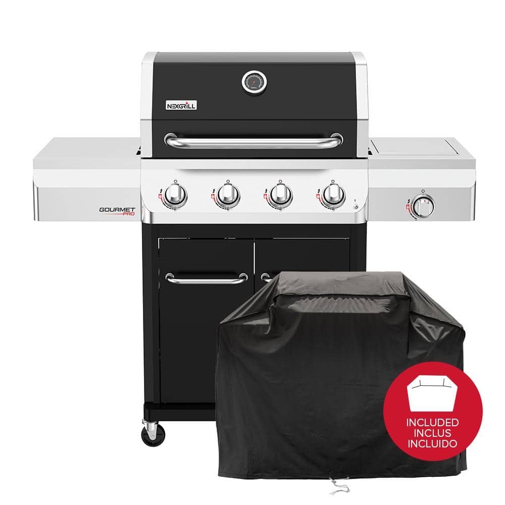 Gourmet Pro 4-Burner Propane Gas Grill with Side Burner in Black and PVC Cover Bundle