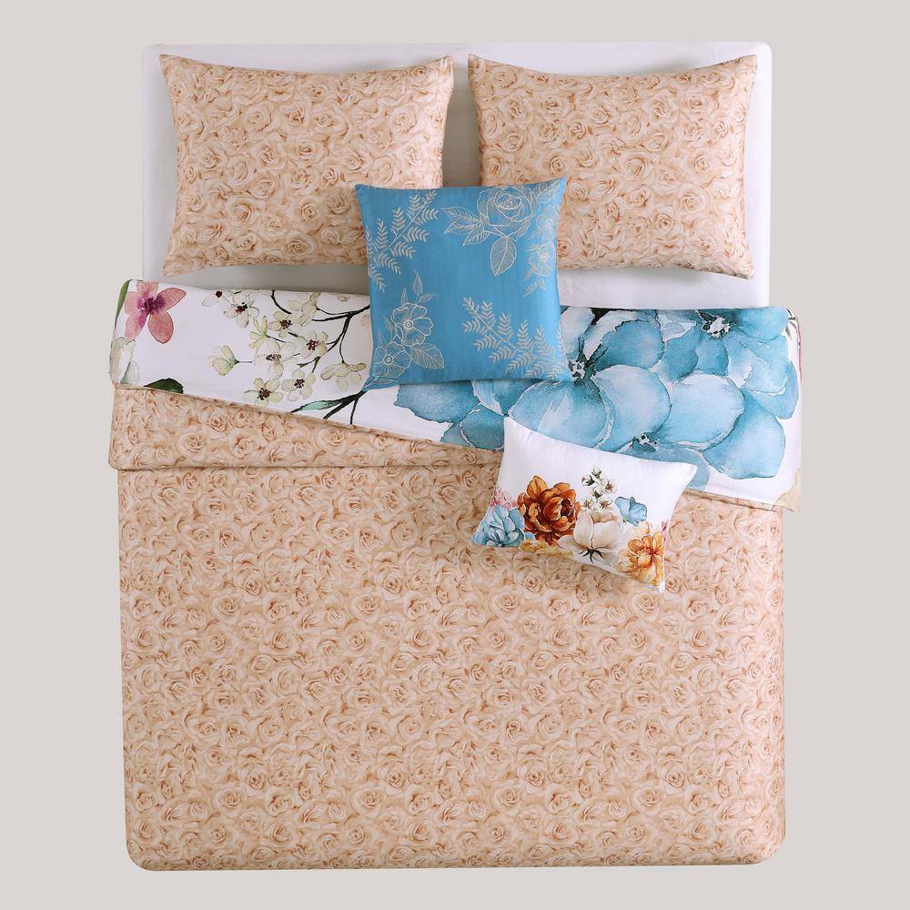 Blush and Blue Cotton Queen Reversible Floral Comforter Set