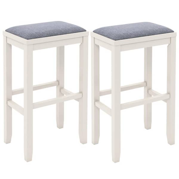ANGELES HOME 31 in. 2-Piece White Gray Backless Wood Bar Stool with Linen Seat