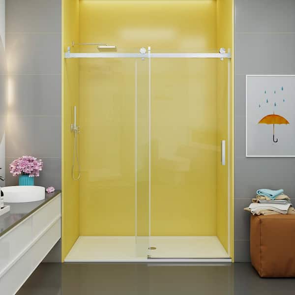 MCOCOD 60 in. W x 76 in. H Single Sliding Frameless Soft Close Shower Door in Brushed Nickel with 3/8 in. (10 mm) Clear Glass
