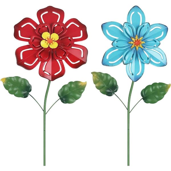 Metal Flower Decorative Garden Stakes, 2-Pack 22 in. Outdoor Garden Decor with Shaking Flower Head Yard Stakes