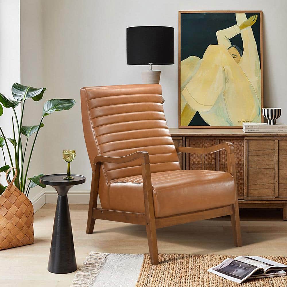 Matt Brown Faux Leather and Wood Accent Chair