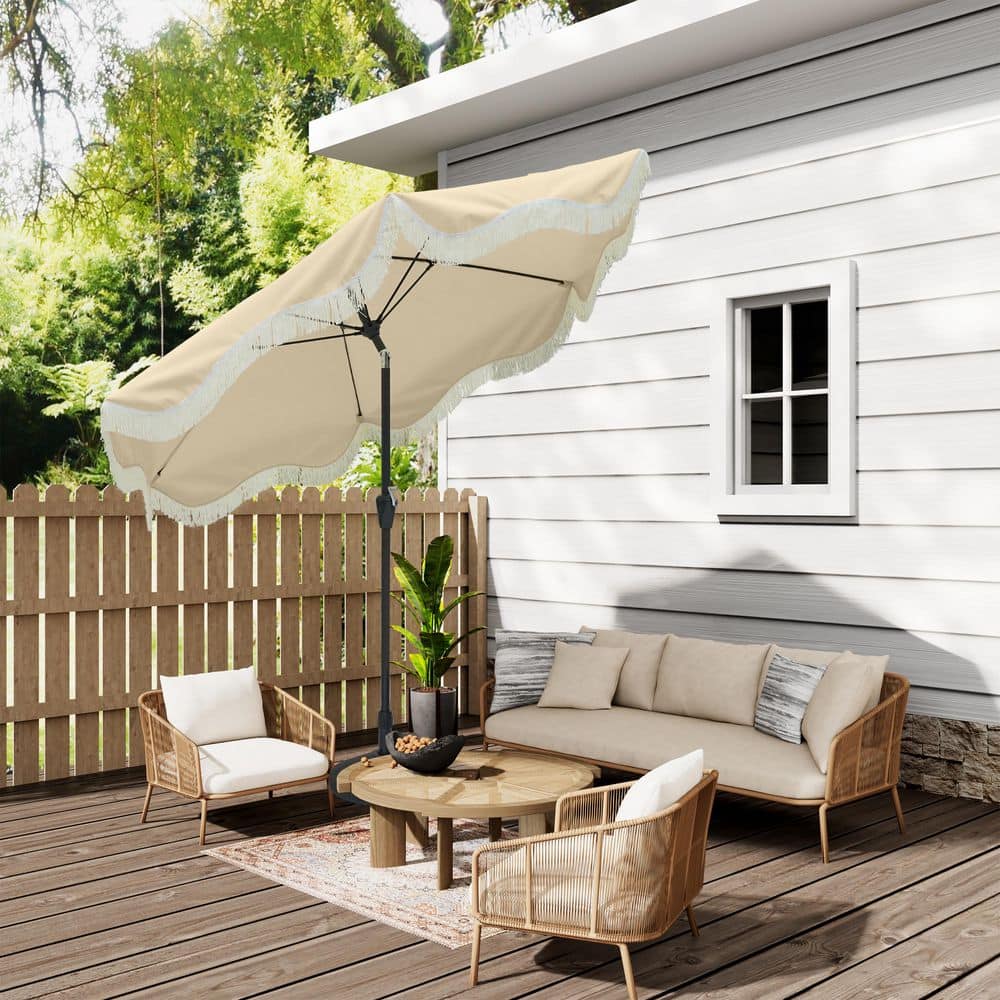 9 ft Beige Round Market Umbrella with Black Metal Pole and Tassels